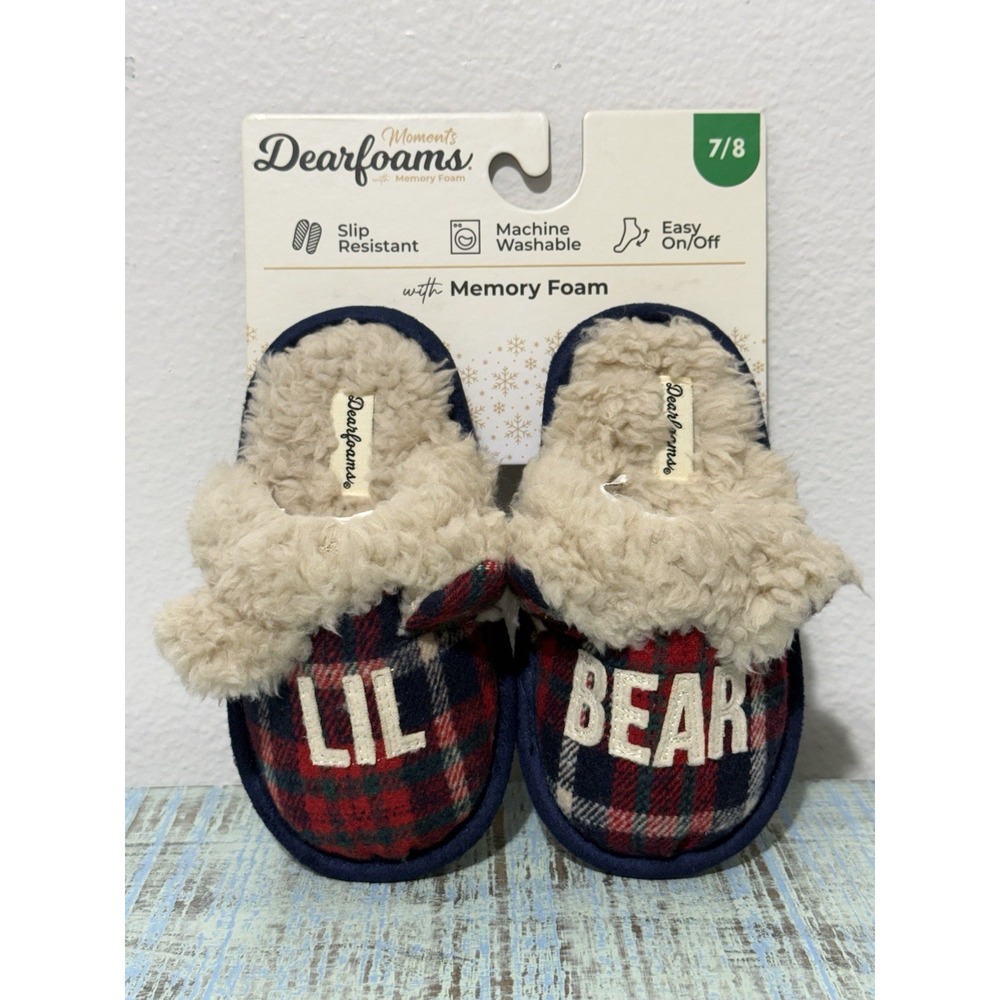 NWT Dearfoams Kids Lil Bear Plaid Scuff House Slippers In Red And Blue Plaid